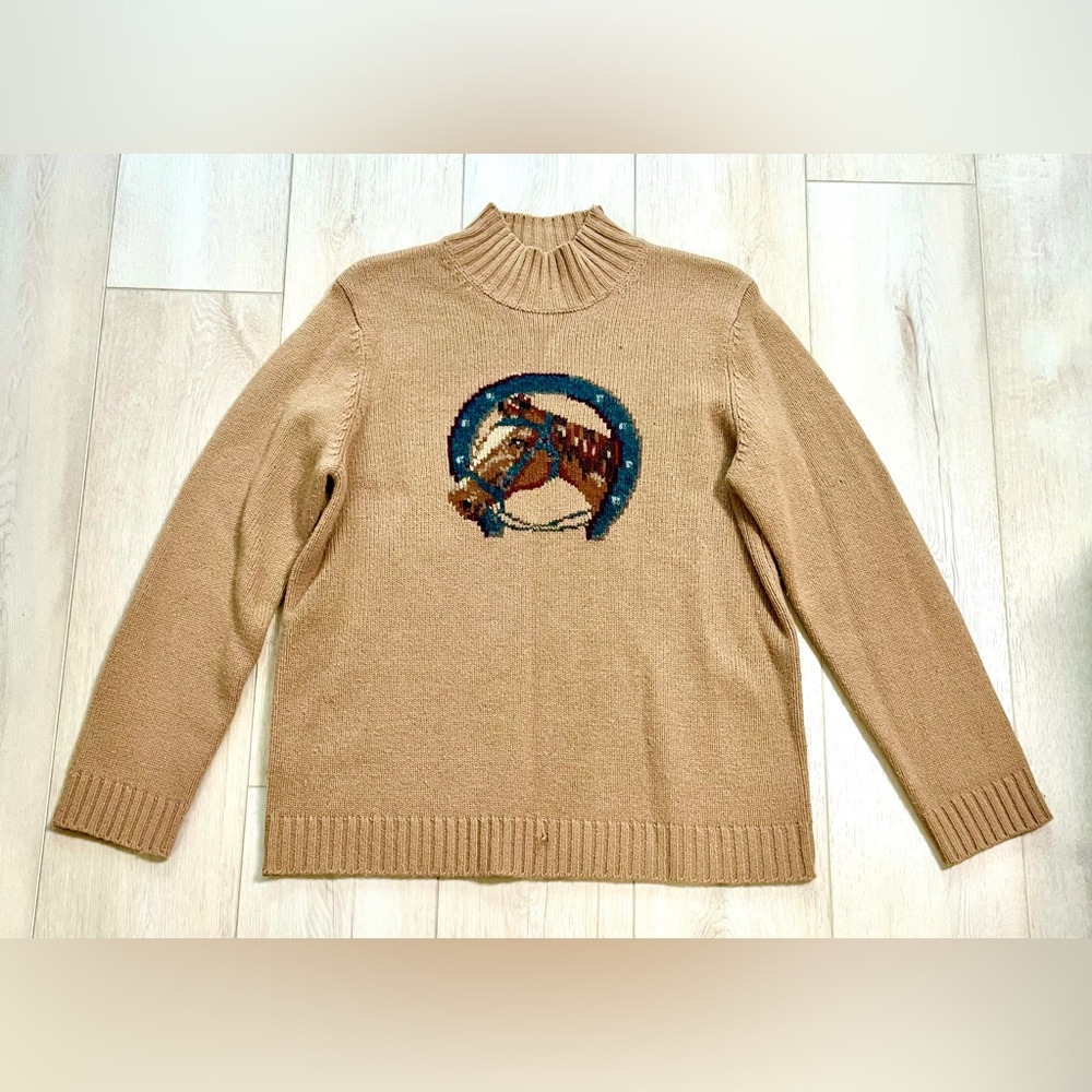 Lauren Ralph Lauren Camel Horse Intarsia Mock Neck Sweater